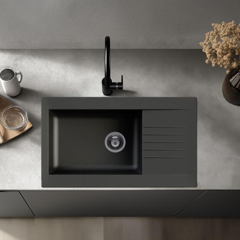 Chiuvetă din fibră de sticlă Ausmann, reversibilă, de culoare neagră, cu suport pentru scurgere, de dimensiuni 86x50 cm, cod 1208957665.