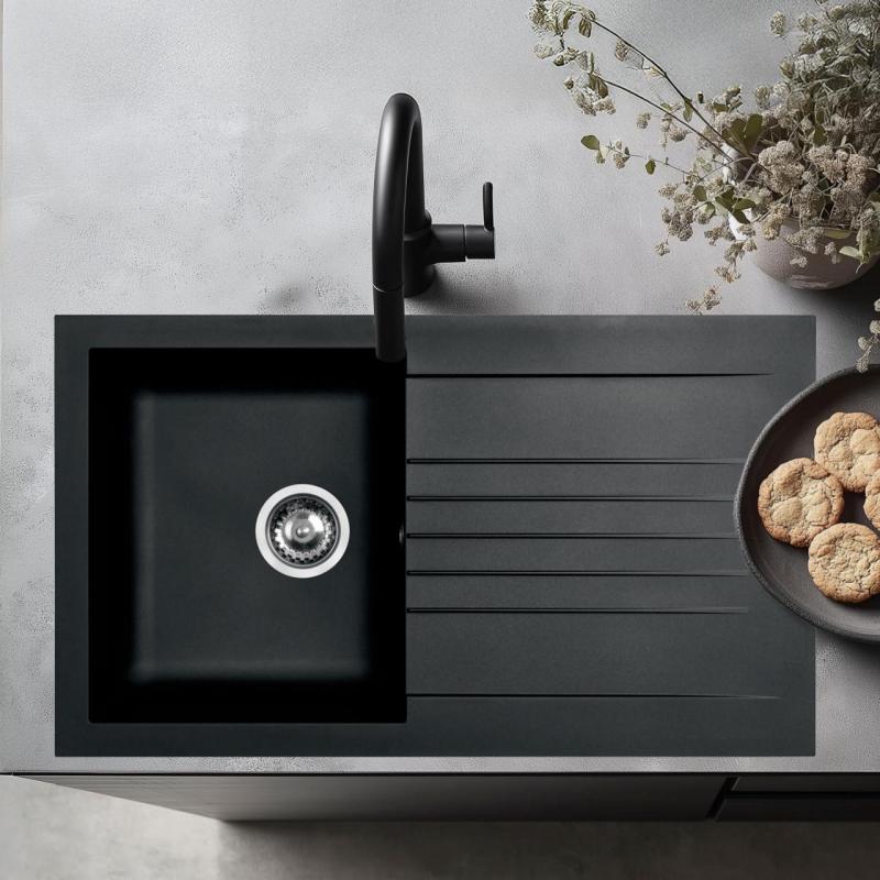 Chiuvetă din fibră de sticlă Ausmann, reversibilă, de culoare neagră, cu suport pentru scurgere, de dimensiuni 86x50 cm, cod 1208957665.