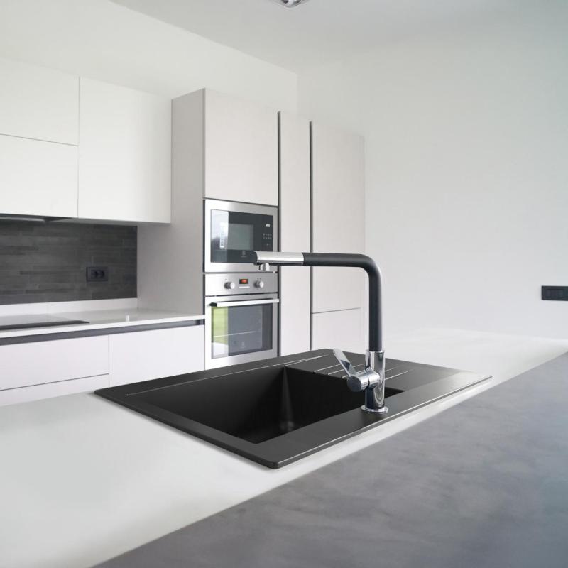 Chiuvetă mini Ausmann Fibre, neagră, reversibilă, cu scurgere și montaj deasupra, 62x50cm, 1208957667.