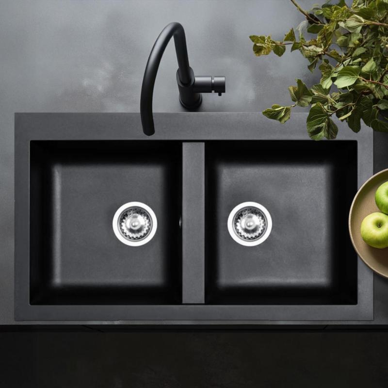 Chiuvetă dublă Ausmann Fibre, din plastic negru, montaj pe suprafață, dimensiuni 86x50cm, 1208957669.