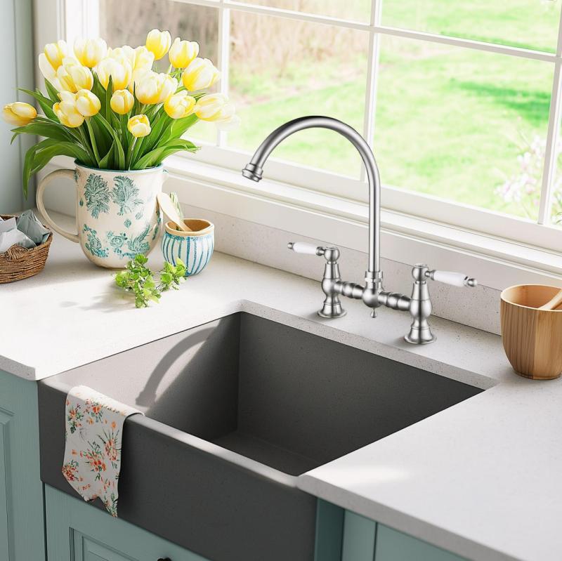 AquaTrimo Country 2 orificii robinet clasic de bucătărie cu pod nostalgic și duză rotundă oțel inoxidabil 21CT7655NM