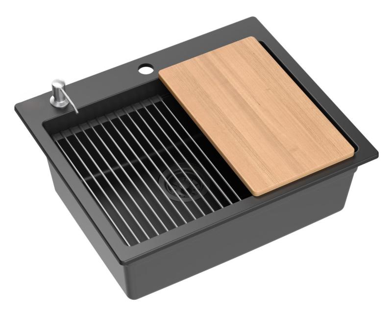 Quadri Durham chiuvetă de montaj suprafață granit negru 595x500 cu dozator de săpun, tocător, chiuvetă inserabilă și covoraș rulant 1208957904