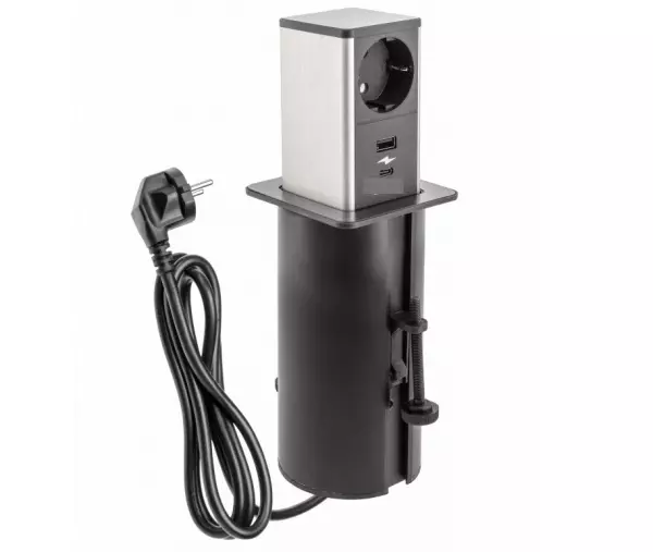 Priza de pământ retractabilă Indux Push, neagră, cu 1xUSB A și 1xUSB C, cu capac din oțel inoxidabil, 1208957930.