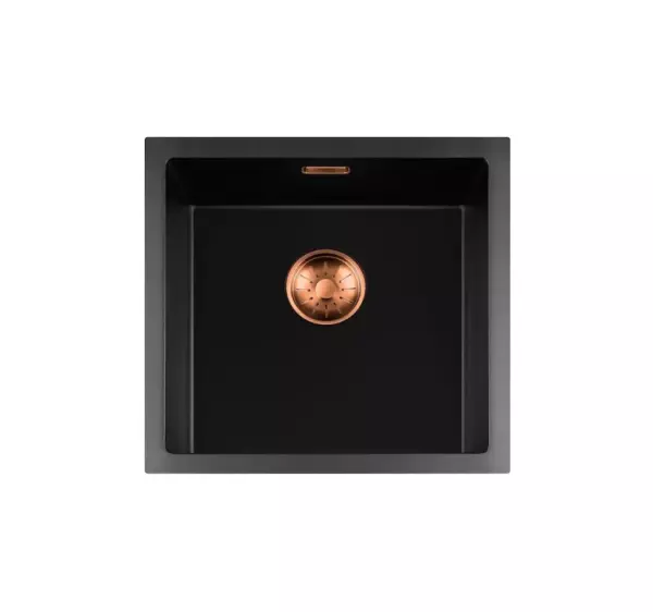 Lorreine BQ seria chiuvetă 45x45 cm montată în negru cu dop de cupru 40BQ-T-COPPER