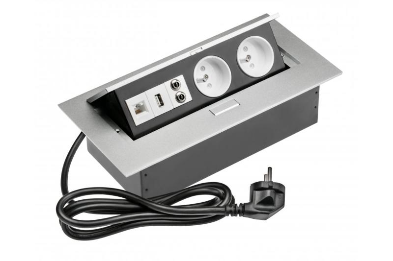 Cablu de extensie pentru birou cu 2 prize cu împământare, USB, audio (banană), RJ45, cablu de alimentare cu ștecher, aluminiu 1208958677