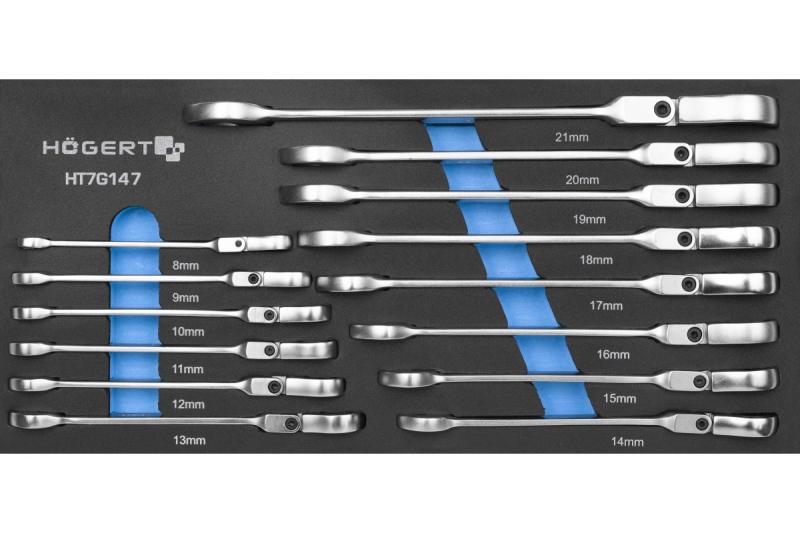 Hoegert Cheie combinată cu clichet și cap flexibil, set de 14 bucăți, spumă tehnică. 1208962054