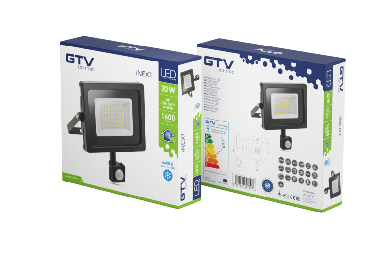 Proiector LED iNEXT cu senzor de mișcare 20W 1600lm, PF>0,9, RA>80, IP65, 120°, 6400K, corp negru 1208962859