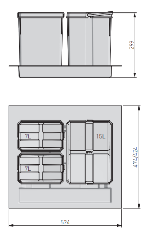 Garbi Basket B-60-3 sorteerafvalsystem voor lade van 60 cm inclusief houder en 3 afvalbakken 1208964399