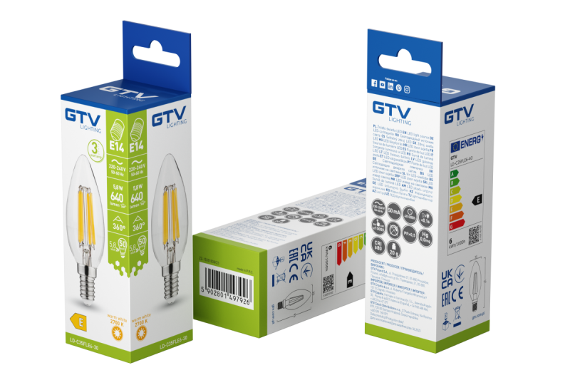 SURSA DE LUMINĂ LED, FILAMENT, A-G, C35, 2700K, E14, 5,8W, AC220-240V, 360°, 640lm, 50mA 1208966964