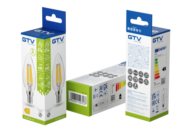 SURSA DE LUMINĂ LED, FILAMENT, A-G, C35, 4000K, E14, 5,8W, AC220-240V, 360°, 640lm, 50mA 1208966965