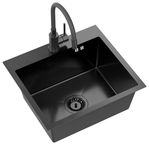 Quadri Dixton 50 Set cu chiuvetă din inox PVD negru Nano 500x450 mm cu gaură pentru robinet pe suprafață și robinet de bucătărie Bristol negru