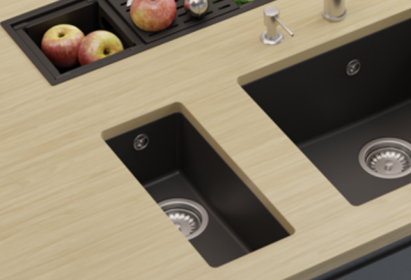 GraniteMy Universele granieten kleine zwarte spoelbak 17x40 cm zwart, inbouw, onderbouw en vlakbouw met roestvrijstalen plug 1208967105