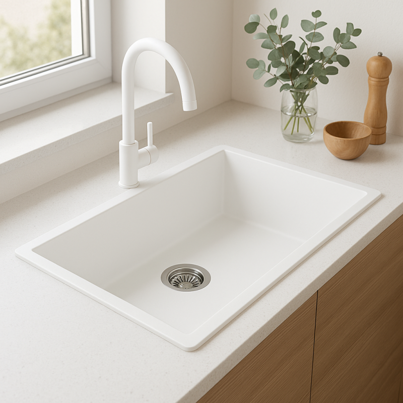 GraniteMy Universele grote witte granieten spoelbak 74x40 cm, witte opbouw, onderbouw en vlakbouw met rvs plug 1208967111