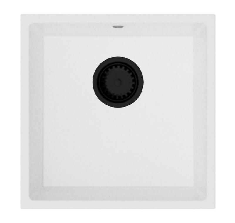 GraniteMy Universele granieten witte spoelbak 40x40 cm alb, montaj pe blat, sub blat și la același nivel cu blatul, cu dop negru 1208967128