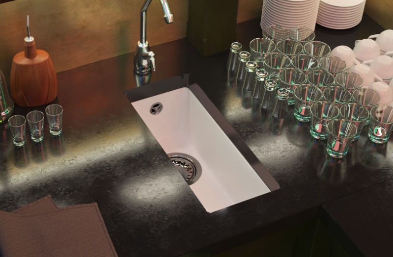 GraniteMy Universele granieten witte kleine spoelbak 17x40 cm alb, montaj deasupra, dedesubt și la același nivel, cu dop negru 1208967136