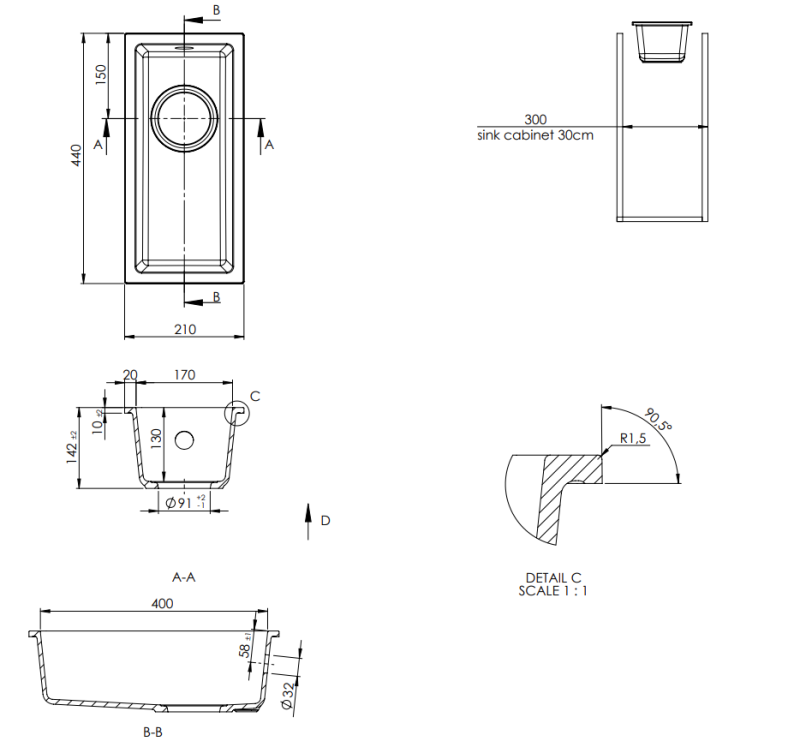 GraniteMy Universele granieten kleine zwarte spoelbak 17x40 cm negru montare pe blat, sub blat și la nivel cu blatul cu dop de cupru 1208967141