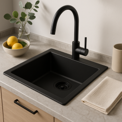 GraniteMy Universele granieten zwarte gootsteen 34x40 cm zwart opbouw onderbouw en vlakbouw met zwarte plug 1208967143