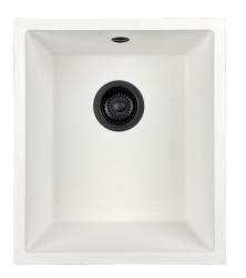 GraniteMy Universele granieten witte spoelbak 34x40 cm alb montaj pe blat, montaj sub blat și montaj la nivel cu blat cu dop negru 1208967147