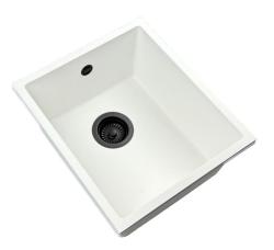 GraniteMy Universele granieten witte spoelbak 34x40 cm alb montaj pe blat, montaj sub blat și montaj la nivel cu blat cu dop negru 1208967147