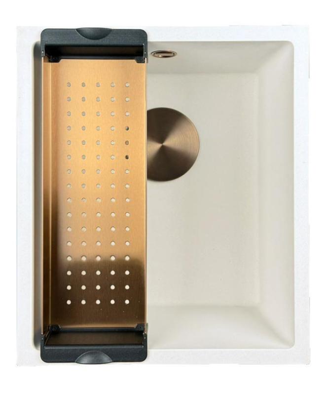 GraniteMy Universele granieten witte spoelbak 34x40 cm alb, montaj pe blat, sub blat și la nivel cu blat, cu dop de cupru 1208967148