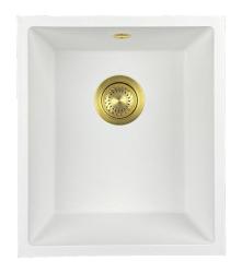 GraniteMy Universele witte granieten spoelbak 34x40 cm, wit, voor opbouw, onderbouw en vlakbouw met gouden plug 1208967149