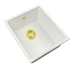 GraniteMy Universele witte granieten spoelbak 34x40 cm, wit, voor opbouw, onderbouw en vlakbouw met gouden plug 1208967149