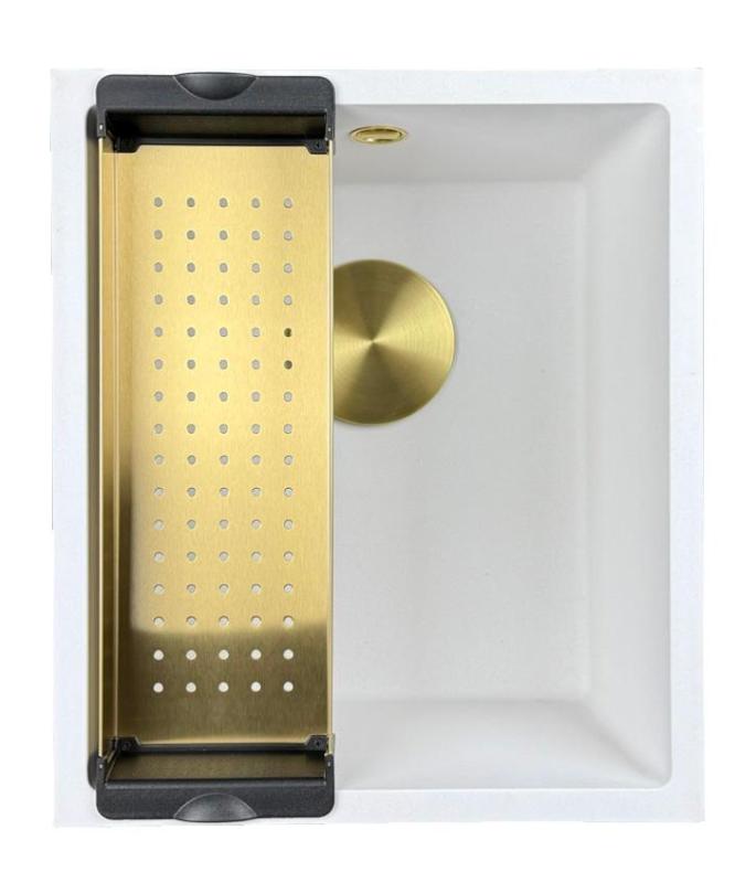 GraniteMy Universele witte granieten spoelbak 34x40 cm, wit, voor opbouw, onderbouw en vlakbouw met gouden plug 1208967149