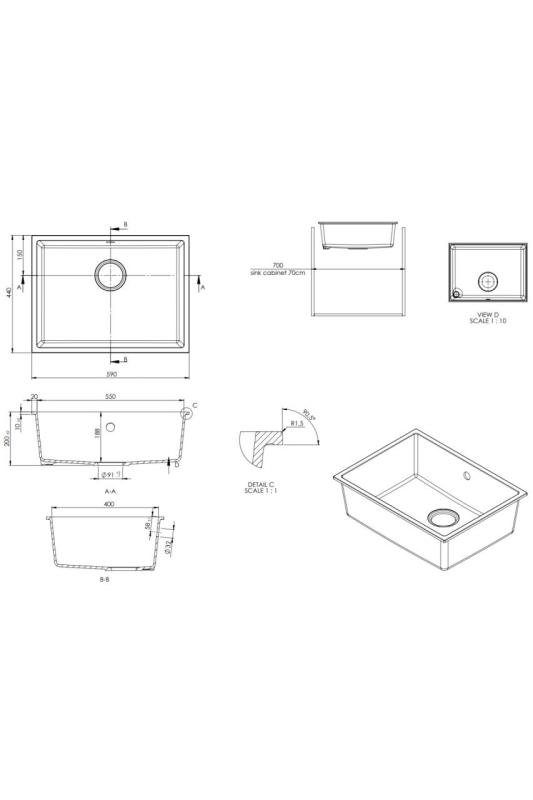 GraniteMy Universele granieten witte gootsteen 55x40 cm wit opbouw, onderbouw en vlakbouw met zwarte stop 1208967154