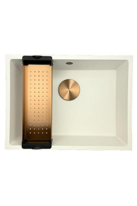 GraniteMy Universele witte granieten spoelbak 55x40 cm wit opbouw, onderbouw en vlakbouw met koperen plug 1208967156