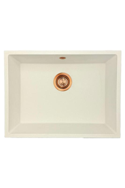 GraniteMy Universele witte granieten spoelbak 55x40 cm wit opbouw, onderbouw en vlakbouw met koperen plug 1208967156