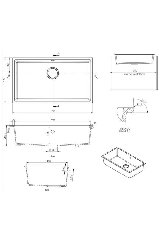 GraniteMy Universal chiuvetă mare din granit alb 74x40 cm alb montare pe blat, sub blat și la nivel cu blatul cu dop negru 1208967161.