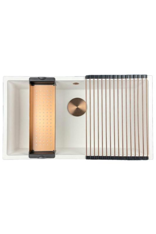 GraniteMy Chiuvetă mare albă din granit universală 74x40 cm albă montare superioară, inferioară și la nivel cu dop de cupru 1208967162