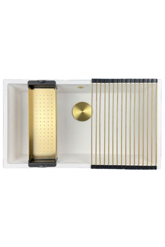 GraniteMy Universele grote witte granieten spoelbak 74x40 cm alb, montaj pe blat, submontaj și la nivel, cu dop auriu 1208967163