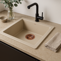GraniteMy Universele granieten beige zand spoelbak 40x40 cm opbouw, onderbouw en vlakbouw met koperen plug 1208967210