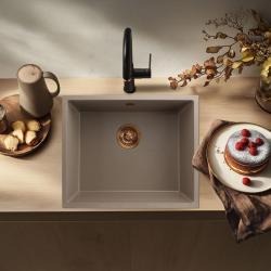 GraniteMy Universele granieten taupe gootsteen 50x40 cm voor opbouw, onderbouw en vlakbouw met koperen plug 1208967225