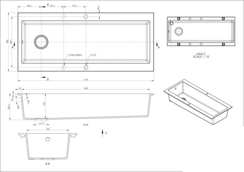 GraniteMy Trog granitică, chiuvetă neagră foarte mare de 116x50 cm, montare pe blat, cu banc de robinet și dop din oțel inoxidabil 1208967236