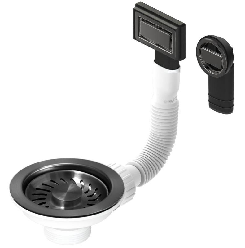 Set de dopuri pentru coș Granitemy PVD periat gun metal, set de scurgere pentru chiuvetă incl. preaplin rotund și dreptunghiular 1208967253