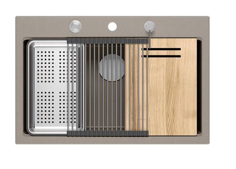 Quadri Hard Rock taupe granit chiuvetă mare de suprafață 76x50cm inclusiv dop din oțel inoxidabil și accesorii 1208967270