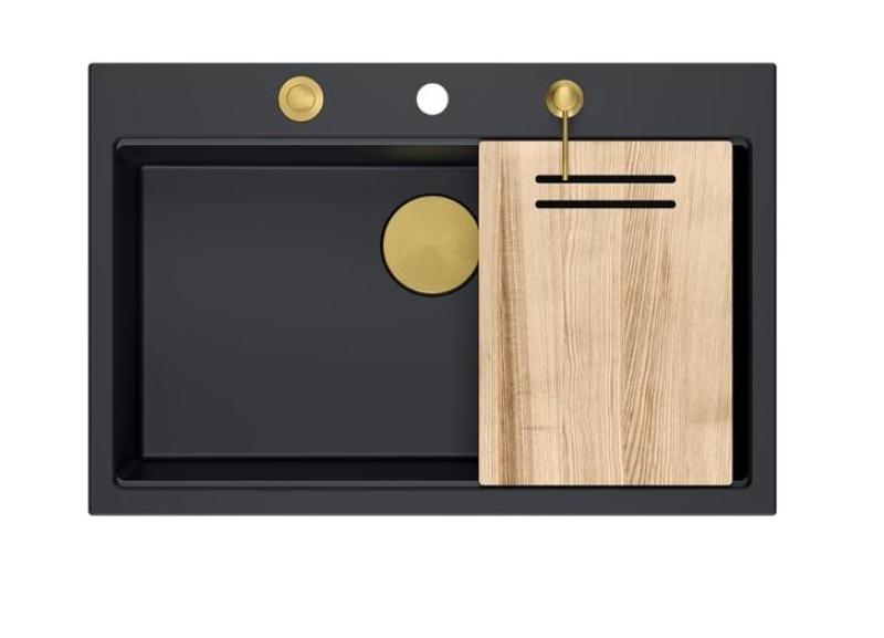 Quadri Hard Rock mat negru granit chiuvetă mare de blat 76x50cm inclusiv dop auriu și accesorii 1208967277
