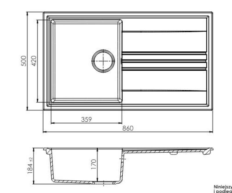 GraniteMy Vesi chiuvetă din granit extra puțin adâncă, montată pe blat, albă, 86x50cm, cu scurgător reversibil și dop negru 1208967292
