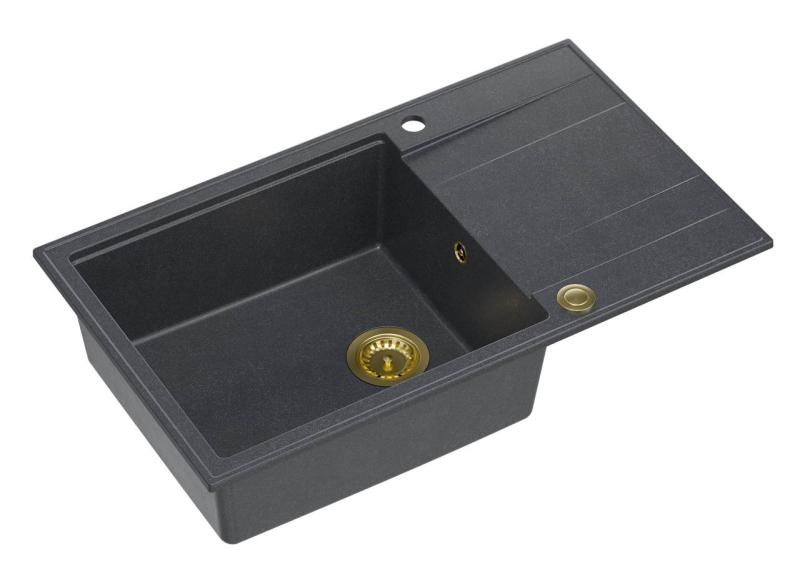Quadri Luton anthracite granite large Inset Kitchen Sink with draining board reversible 86x50cm with golden plug 1208967334