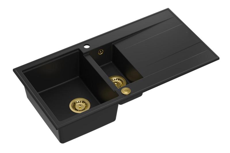 Quadri Luton chiuvetă încastrată din granit negru 1,5 cuvă cu scurgător reversibil 100x50cm cu dop auriu 1208967346