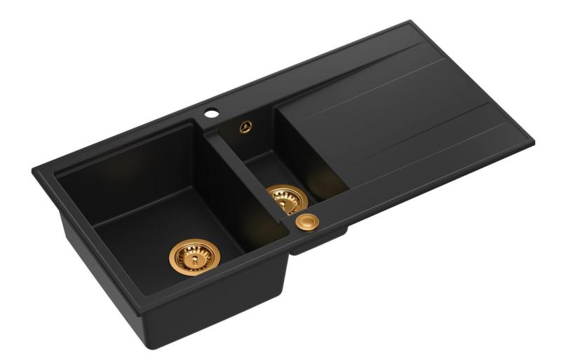 Quadri Luton chiuvetă din granit negru, montată pe blat, cu 1,5 cuve și scurgător, reversibilă, 100x50cm, cu dop de cupru 1208967347.