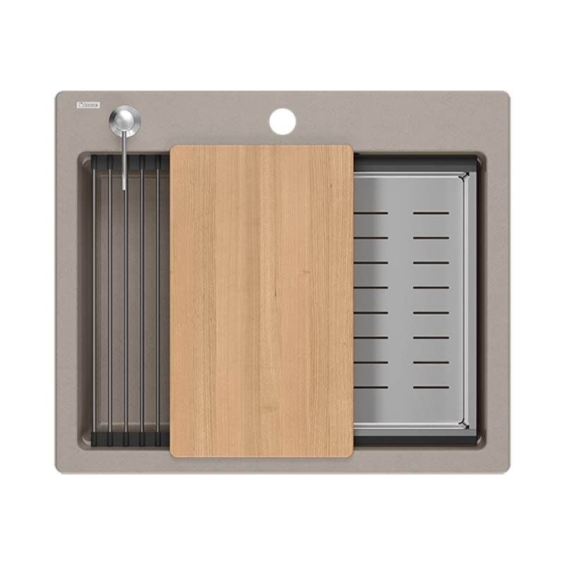 Chiuveta Quadri Durham de culoare maro deschis din granit, cu montare de suprafață 595x500, cu dozator de săpun, tocător, chiuvetă auxiliară și covoraș rulant 1208967376