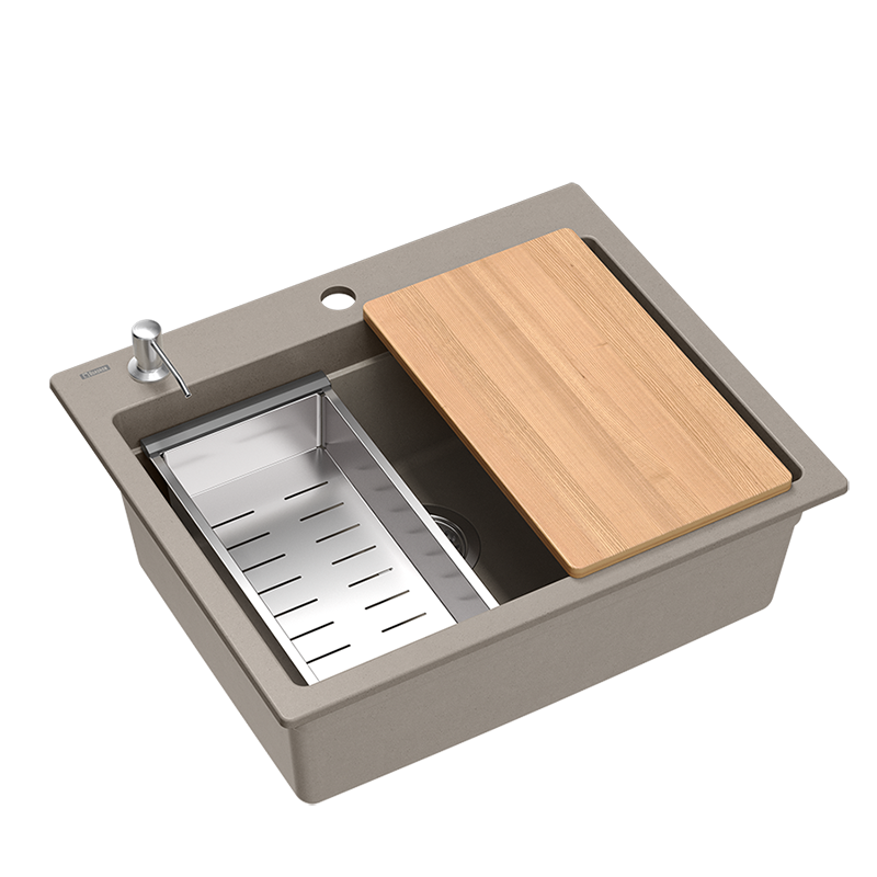 Chiuveta Quadri Durham de culoare maro deschis din granit, cu montare de suprafață 595x500, cu dozator de săpun, tocător, chiuvetă auxiliară și covoraș rulant 1208967376