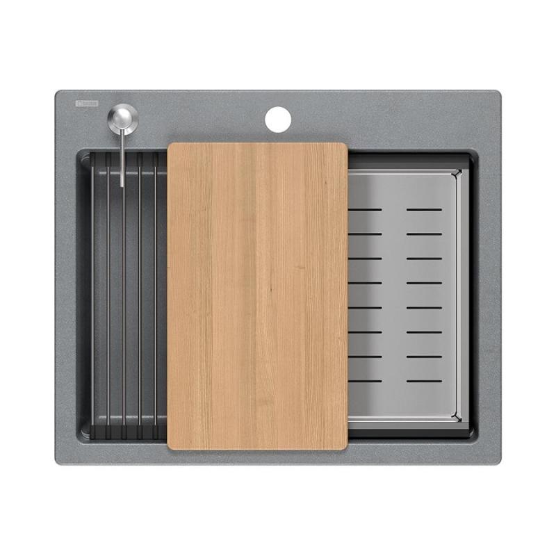 Chiuveta de suprafață Quadri Durham din granit gri, 595x500, cu dozator de săpun, tocător, cuvă auxiliară și covoraș de rulare 1208967378