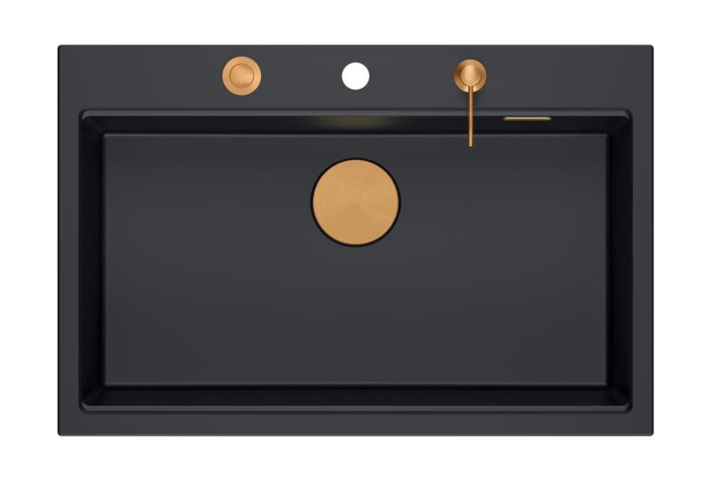 Quadri Hard Rock mat negru chiuvetă de granit mare deasupra blatului 76x50cm inclusiv dop de cupru și accesoriu 1208967423