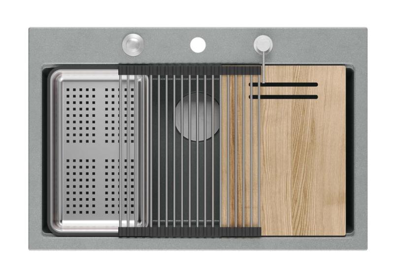 Quadri Hard Rock gri granit chiuvetă de suprafață mare 76x50cm inclusiv dop din inox și accesorii 1208967430