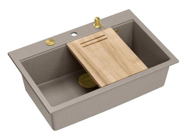 Quadri Hard Rock taupe granieten opbouw grote spoelbak 76x50cm inclusief gouden plug en accessoires 1208967436Vertaling naar het Roemeens:Chiuvetă mare de suprafață Quadri Hard Rock din g