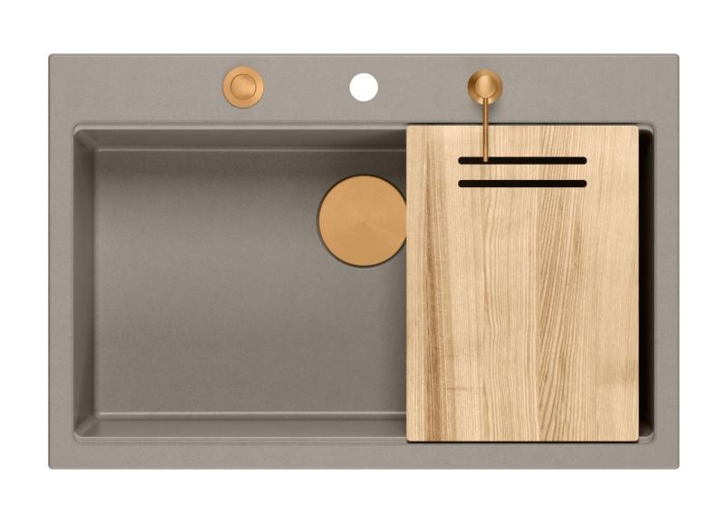 Quadri Hard Rock taupe granitică chiuvetă mare de suprafață 76x50cm inclusiv dop de cupru și accesorii 1208967439